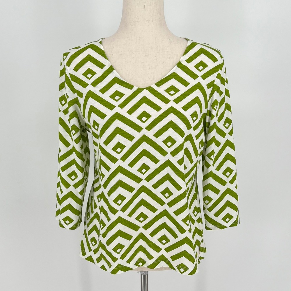 Chico's Women‎ Geometric 3/4 Sleeve Cotton Slub Top Size M Green White Mod Bold
